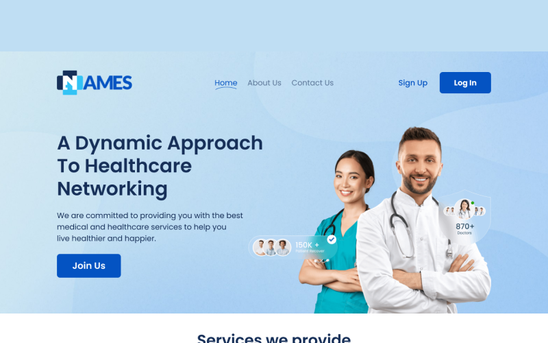 Corporate website homepage with bold typography and abstract geometric shapes